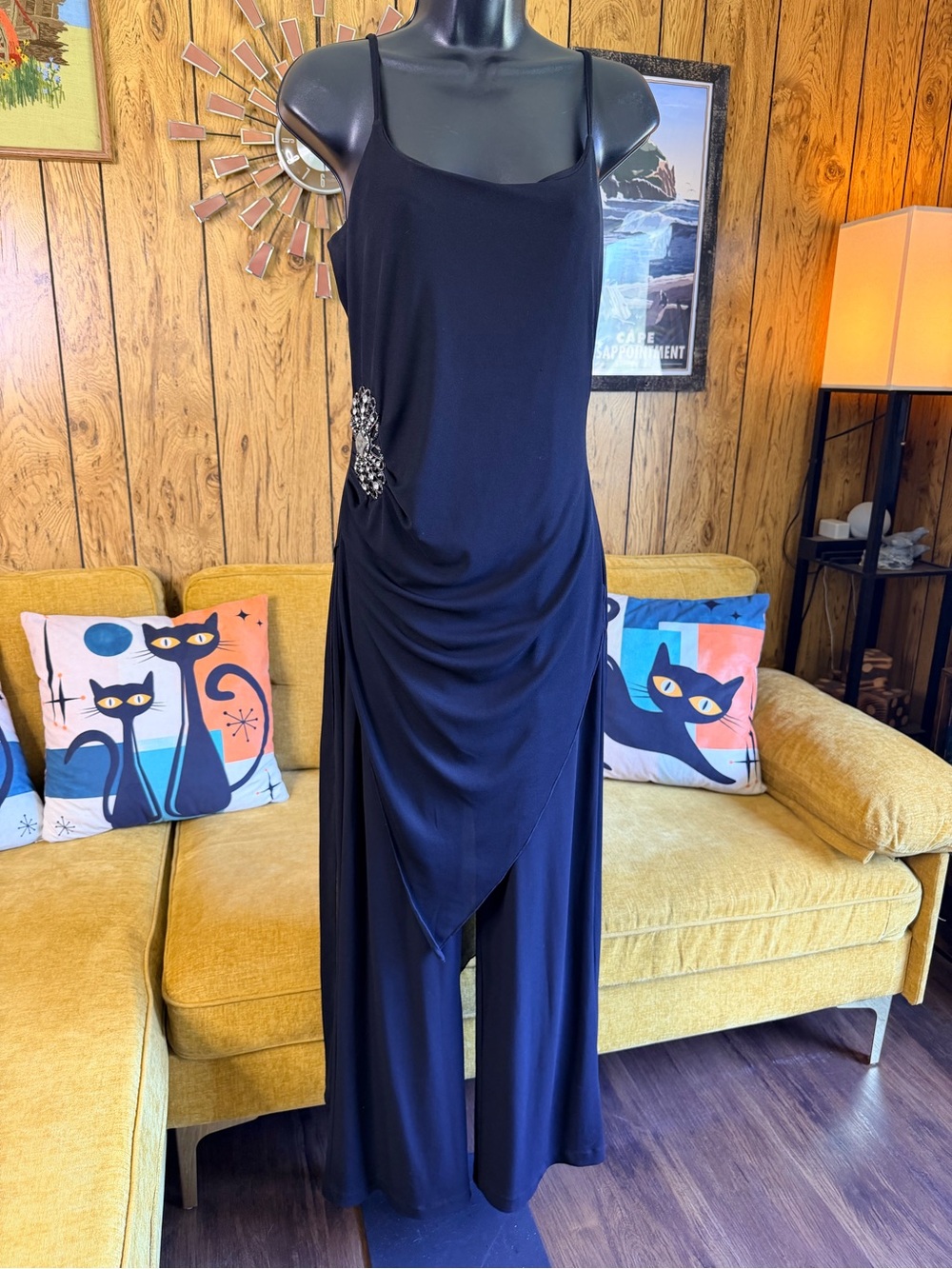 Vintage Newport News Black Draped Jumpsuit with Jeweled Embellishment
